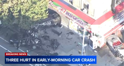 Pedestrian, 2 others hurt when cars crash and jump curb in Inwood