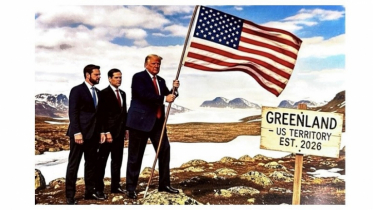 Donald Trump holds the American flag in Greenland.