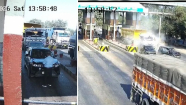 Reckless truck drags toll plaza worker along with 2 cars