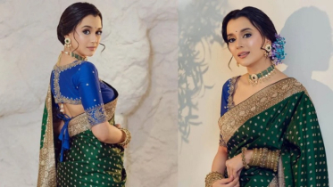 Sabila dazzled in a green-blue saree